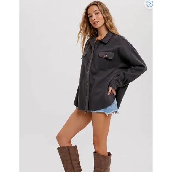 Smoke Grey Brushed Terry Button Up Front Pockets Shacket - Picture 4 of 5